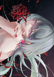 1girl absurdres breasts chigusa7h commentary earrings fingernails floating_hair flower from_side grey_hair hand_on_own_shoulder highres jewelry long_hair looking_at_viewer looking_to_the_side mouth_hold nail_polish nude phrolova_(wuthering_waves) pink_nails portrait red_petals sideways small_breasts solo spider_lily tacet_mark_(wuthering_waves) teeth white_eyes wuthering_waves