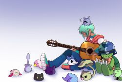 angry blue_eyes botamon chicomon digimon digimon_(creature) guitar highres instrument keemon kuramon leafmon moonmon original paomon pipimon pupumon pururumon short_hair sitting