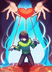 Rule 34 | 2others, :|, blood, bloody tears, brown hair, closed mouth, frisk (undertale), full body, gloves, glowing, green shirt, hair over one eye, heart, highres, icekana, kneeling, looking at viewer, multiple others, pool of blood, puppet strings, red eyes, shirt, short hair, spread fingers, undertale, white gloves