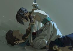 1boy 1other absurdres afloat ahoge androgynous arm_guards armor black_hair blood blood_from_mouth blood_on_clothes blue_kimono braid braided_bun buyaozaoqi earrings fate/grand_order fate/samurai_remnant fate_(series) grey_background hair_bun hair_intakes hair_over_eyes hakama highres holding holding_sword holding_weapon japanese_armor japanese_clothes jewelry katana kimono looking_at_another lying miyamoto_iori_(fate) obi official_alternate_costume official_alternate_hairstyle on_back orange_eyes pauldrons sash shoulder_armor sidelocks stab straddling sword topknot water weapon white_kimono yamato_takeru_(fate) yamato_takeru_(phantasmal_dress)_(fate)