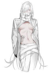1girl absurdly_long_hair belt black_gloves breasts buckle covered_mouth cropped_legs crossed_belts dress_pants eyelashes flower_tattoo gem gloves hair_over_one_eye highleg highleg_panties highres hip_tattoo jacket long_hair long_sleeves medium_breasts multiple_belts navel nox_(path_to_nowhere) panties pants path_to_nowhere revealing_clothes ribbon-trimmed_belt ribs simple_background skinny sleeves_past_wrists solo standing swept_bangs tattoo toho10min turtleneck turtleneck_jacket underwear very_long_hair white_background white_belt white_eyes white_hair white_jacket white_pants white_theme