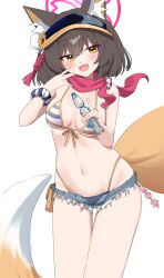 1girl absurdres animal_ears bikini blue_archive d_(delt4) denim denim_shorts flower fox_ears fox_girl fox_tail hair_flower hair_ornament halo highres izuna_(blue_archive) izuna_(swimsuit)_(blue_archive) micro_shorts pink_halo pink_scarf scarf shorts solo striped_bikini striped_clothes sunflower sunflower_hair_ornament swimsuit tail