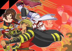 Rule 34 | armor, black thighhighs, blonde hair, breasts, brown eyes, cane, cleavage, coat, corset, earrings, facial hair, fuuma kotarou, grin, hairband, hand on own chin, headband, hojo ujiyasu, jewelry, kaihime, kotaro fuuma, long hair, ponytail, red hair, scar, sengoku musou, smile, smoking, smoking pipe, stubble, sword, thighhighs, weapon