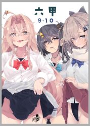 Rule 34 | 3girls, ahoge, alakoala, aqua bow, aqua bowtie, black hair, black one-piece swimsuit, black skirt, blue bow, blue bowtie, bow, bowtie, cardigan, circle cut, clothes lift, collared shirt, cowboy shot, dress shirt, drum (kancolle), grey cardigan, grey hair, hair ornament, highleg, highleg one-piece swimsuit, kantai collection, long hair, multiple girls, one-piece swimsuit, one side up, pink hair, pleated skirt, red bow, red bowtie, red skirt, scamp (kancolle), scarf, shirt, simple background, skirt, skirt lift, star (symbol), star hair ornament, swimsuit, swimsuit under clothes, wahoo (kancolle), white background, white scarf, white shirt