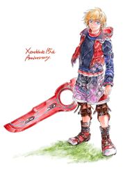 1boy anniversary artist_name blonde_hair blue_eyes closed_mouth commentary_request copyright_name full_body highres holding holding_sword holding_weapon hood hooded_vest hoodie looking_at_viewer male_focus metorurun monado on_grass open_clothes open_vest shorts shulk_(xenoblade) smile solo standing sword twitter_username vest weapon white_background xenoblade_chronicles_(series) xenoblade_chronicles_1