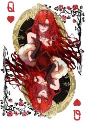 1girl absurdres breasts card character_request cleavage dress flower fur heart highres i_became_a_god_in_a_horror_game large_breasts long_hair looking_at_viewer medium_breasts red_eyes red_hair rose wavy_hair weichenhuanxiaobai