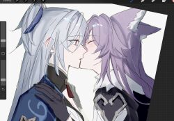 2girls animal_ears art_program_in_frame black_gloves blush character_request closed_eyes commentary fox_ears gloves grey_hair hand_on_another&#039;s_shoulder highres honkai:_star_rail honkai_(series) kiss long_hair mii_(mii_10297) multiple_girls purple_hair red_eyes symbol-only_commentary upper_body white_background yuri