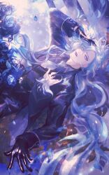 Rule 34 | 1boy, absurdres, bishounen, black gloves, black vest, blue flower, blue rose, eyelashes, flower, gloves, hand on own head, highres, idia shroud, lipstick, long hair, long sleeves, looking at viewer, makeup, male focus, parted lips, purple lips, rose, twisted wonderland, very long hair, vest, white flower, yakikesen, yellow eyes