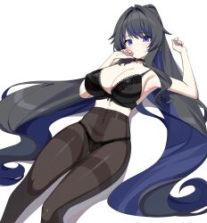 Rule 34 | 1girl, absurdres, arm up, armpits, bare arms, bare shoulders, black bra, black choker, black hair, black panties, blue eyes, blue hair, bra, breasts, brown pantyhose, choker, cleavage, colored inner hair, commission, covered navel, hand up, highres, lace, lace-trimmed bra, lace-trimmed panties, lace trim, large breasts, long hair, looking at viewer, lying, mole, mole under eye, multicolored hair, nail polish, on back, original, panties, pantyhose, simple background, solo, sweat, thighband pantyhose, thighs, two-tone hair, underwear, very long hair, w.k, white background