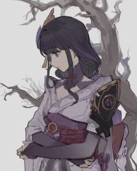 Rule 34 | 1girl, armor, asymmetrical sleeves, back bow, bare tree, blunt bangs, bow, braid, branch, bridal gauntlets, chinese commentary, closed mouth, clothing cutout, crossed arms, from side, genshin impact, gradient hair, grey background, hair ornament, hair ribbon, highres, japanese clothes, kimono, liaoyu474, long braid, long hair, looking down, mitsudomoe (shape), multicolored hair, neck ribbon, off shoulder, purple eyes, purple kimono, purple ribbon, raiden shogun, red ribbon, red sash, ribbon, sash, shoulder armor, shoulder cutout, simple background, single braid, solo, standing, tomoe (symbol), tree, uneven sleeves, upper body, wide sleeves