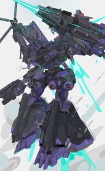 Rule 34 | absurdres, arm up, armored core, armored core vi: fires of rubicon, full body, highres, holding, holding weapon, laser, mecha, mecha focus, no humans, nslacka, open faith (armored core vi), red eyes, robot, science fiction, shoulder cannon, thrusters, weapon, white background