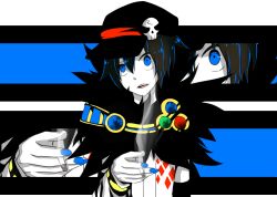 Rule 34 | 1boy, argyle clothes, argyle shirt, black hair, black hat, blue eyes, blue nails, cigarette, commentary request, fingernails, fur collar, hair between eyes, hat, hat ornament, high contrast, holding, holding cigarette, looking at viewer, male focus, meiko (nattu303), newsboy cap, open mouth, ragnarok online, shirt, short hair, skull hat ornament, solo, sorcerer (ragnarok online), upper body, white shirt, zoom layer