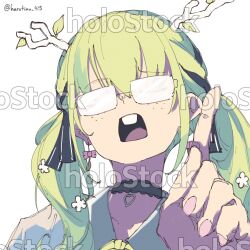 1girl antlers black_choker buck_teeth ceres_fauna ceres_fauna_(jirai_kei) choker closed_eyes freckles frilled_choker frills glasses green_hair harutimu highres hololive hololive_english horns index_finger_raised jirai_kei leaf nerd_emoji opaque_glasses partially_opaque_glasses shutterstock teeth twintails twitter_username virtual_youtuber white_background