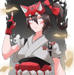 Rule 34 | 1girl, 24-year-old student, anger vein, artistic error, bow, breasts, brown eyes, brown hair, closed mouth, commentary request, cookie (touhou), cosplay, eyes visible through hair, facial mark, fingerless gloves, fox mask, frown, gloves, hair between eyes, hair bow, hakurei reimu, half mask, high ponytail, highres, japanese clothes, kimono, kiriko (overwatch), kiriko (overwatch) (cosplay), long bangs, looking at viewer, mask, medium breasts, middle finger, ofuda, overwatch, overwatch 2, ponytail, red bow, red gloves, short hair, short ponytail, short sleeves, solo, togashi (cookie), touhou, upper body, white kimono, wrong hand