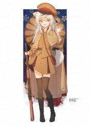 1girl absurdres animal_ear_fluff animal_ears bandaged_arm bandages black_boots boots brown_hat brown_jacket brown_shirt brown_skirt brown_thighhighs collared_shirt commentary_request coreytaiyo dated dress_shirt floral_background grey_eyes grey_hair gun hair_between_eyes hair_ornament hairclip hat highres holding holding_gun holding_weapon jacket jacket_on_shoulders long_hair long_sleeves looking_at_viewer military_uniform original peaked_cap puffy_long_sleeves puffy_sleeves rifle shirt signature skirt solo tail thighhighs thighhighs_under_boots tilted_headwear weapon weapon_request