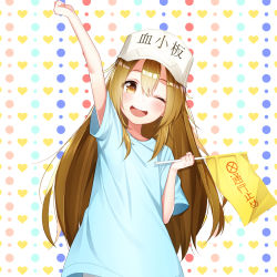 10s 1girl ;d absurdres arm_up blue_shirt blush brown_eyes brown_hair character_name commentary_request female_focus flag flat_cap hair_between_eyes hat hataraku_saibou heart heart_background highres holding holding_flag long_hair multicolored_polka_dots one_eye_closed open_mouth platelet_(hataraku_saibou) polka_dot polka_dot_background round_teeth shirt short_sleeves smile solo teeth the_cold upper_teeth_only very_long_hair white_background white_hat