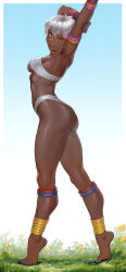 1girl anklet arm_up ass blue_nails bracelet breasts cheshirrr dark-skinned_female dark_skin elena_(street_fighter) from_side full_body grass highres jewelry looking_at_viewer neck_ring sideboob smile solo street_fighter street_fighter_iii_(series) stretching tiptoes very_dark_skin white_hair