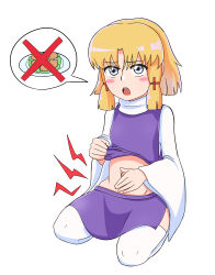 1girl absurdres blonde_hair blush_stickers commentary_request cookie_(touhou) full_body gomimaro grey_eyes highres kaibara_elena_(cookie) long_sleeves looking_at_viewer moriya_suwako navel open_mouth purple_skirt purple_vest seiza shirt short_hair simple_background sitting skirt solo thighhighs touhou vest white_background white_shirt white_thighhighs wide_sleeves
