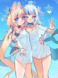 2girls :3 ahoge animal_ear_fluff animal_ears bare_arms bare_legs blonde_hair blue_background blue_collar blue_eyes blue_hair blush breasts collar fins fish_tail gawr_gura hand_on_another&#039;s_waist heart heart_ahoge highres hololive hololive_english indie_virtual_youtuber long_hair looking_at_viewer low_twintails multicolored_hair multiple_girls no_pants outline sameko_saba scrunchie see-through_clothes see-through_shirt shark_tail shirt simple_background small_breasts smile spoken_heart streaked_hair tail tuiffff twintails two-tone_hair two_side_up v very_long_hair virtual_youtuber wet wet_clothes wet_shirt white_hair white_outline white_shirt wrist_scrunchie