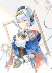 Rule 34 | 1girl, absurdres, android, blue eyes, blue hair, breasts, genshin impact, hair ornament, hat, highres, ineffa (genshin impact), joints, looking at viewer, robot girl, robot joints, shirix, sidelocks, solo