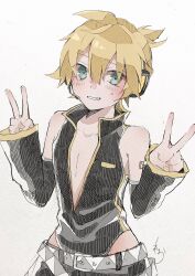 Rule 34 | 1boy, ahoge, bare shoulders, belt, black leotard, black shorts, blonde hair, blue eyes, blush, detached sleeves, double v, flustered, grin, hair between eyes, headphones, headset, highres, hip vent, kagamine len, kagamine len (punkish), leotard, leotard under clothes, looking at viewer, male focus, open-bust leotard, paripariparingo, popped collar, project diva (series), shirt, short hair, shorts, simple background, smile, solo, sweatdrop, two-tone belt, v, vocaloid, white background, yellow nails