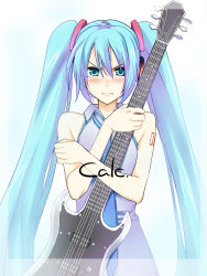 1girl blue_eyes blue_hair blush electric electric_guitar female_focus framed guitar hatsune_miku highres instrument long_hair matching_hair/eyes necktie rato simple_background solo twintails very_long_hair vocaloid