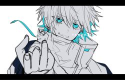 1boy blue_eyes blue_hair character_name colored_inner_hair earrings highres jacket jewelry letterboxed looking_at_viewer male_focus monochrome multicolored_hair parted_lips pointing pointing_at_viewer reignite shirasu_uni sketch smile solo tempplex