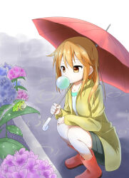 1girl boots chewing_gum flower frog hydrangea idolmaster idolmaster_cinderella_girls mebachi_maguro_(trok_mebachi) orange_eyes orange_hair rain raincoat rubber_boots shirt shorts umbrella white_shirt yellow_raincoat yuuki_haru