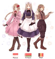 3girls apron axis_powers_hetalia back_bow baggy_pants belarus_(hetalia) belarusian_flag belgian_flag belgium_(hetalia) black-framed_eyewear black_bow black_bowtie black_necktie blue_eyes blush boots bow bowtie braid breast_pocket breasts brown_boots brown_gloves brown_pants brown_pantyhose brown_shirt buttons card character_name closed_mouth coat collared_dress collared_shirt commentary_request dagger dress floating_hair floral_background frills full_body glasses gloves green_bow green_hairband grey_hair hair_bow hair_ornament hairband hairclip hand_up hands_up holding holding_card holding_dagger holding_knife holding_tray holding_weapon juliet_sleeves knife long_hair long_sleeves looking_at_viewer low-braided_long_hair low-tied_long_hair medium_breasts monaco_(hetalia) monaco_flag multiple_girls necktie one_eye_closed open_mouth pants pantyhose pink_coat playing_card pocket puffy_long_sleeves puffy_sleeves purple_dress purple_shoes red_bow red_bowtie semi-rimless_eyewear shirt shoes short_hair sidelocks single_braid smile sparkle_background standing striped_bow suspenders tamaki_(q_tamaki) tray v-shaped_eyebrows weapon white_apron white_background white_bow white_shirt