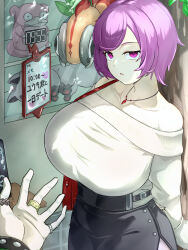 1girl absurdres aged_up alternate_costume bag bare_shoulders black_skirt bracelet breasts chi-yu_(pokemon) clock collarbone commentary_request courtney_(pokemon) cowboy_shot creatures_(company) digital_clock game_freak gen_1_pokemon gen_3_pokemon gen_4_pokemon handbag highres hizakake huge_breasts jewelry long_sleeves looking_at_viewer necklace nintendo objectification oddish off-shoulder_shirt off_shoulder outdoors parted_lips pokemon pokemon_(creature) pokemon_oras poochyena pov pov_hands purple_eyes purple_hair ring rotom rotom_phone shirt short_hair side_slit sidelocks skirt slowpoke solo_focus standing swept_bangs tree white_shirt window