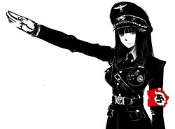 Rule 34 | 1girl, artist request, belt buckle, black eyes, black hair, breasts, buckle, copyright request, hat, large breasts, looking at viewer, medal, military, military uniform, nazi, nazi party pin, necktie, oekaki, peaked cap, salute, straight-arm salute, straight hair