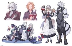 Rule 34 | 2boys, 3girls, absurdres, alexandrina sebastiane, anastella (zenless zone zero), apron, bangboo (zenless zone zero), black choker, black dress, black shoes, blonde hair, book, boots, butler (zenless zone zero), choker, colored inner hair, corin wickes, dress, drusilla (zenless zone zero), ellen joe, eyepatch, fins, fish tail, gloves, green hair, grey hair, high heels, highres, hoyofair, hugo vlad, knee boots, maid apron, maid headdress, megane98, multicolored hair, multiple boys, multiple girls, open book, partially fingerless gloves, pointy ears, pom pom (cheerleading), prosthesis, prosthetic leg, robin (zenless zone zero), shark girl, shark tail, shoes, tail, twintails, white hair, zenless zone zero