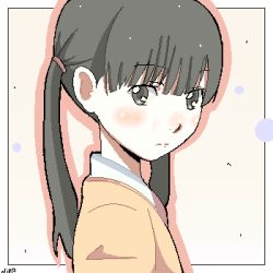 1girl black_hair blush chiba_saori female_focus gradient_background hourou_musuko lowres niea oekaki school_uniform simple_background solo twintails