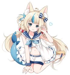 1girl absurdres animal_ear_fluff animal_ears blonde_hair blue_eyes blue_hair blue_nails cat_ears closed_mouth dress fins fish_girl fish_tail heart highres indie_virtual_youtuber kokoshira_0510 long_hair looking_at_viewer low_twintails multicolored_hair nail_polish sameko_saba sandals shorts smile solo streaked_hair tail twintails very_long_hair virtual_youtuber white_dress white_shorts