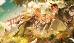 Rule 34 | 1boy, 2girls, absurdres, animal ears, arknights, baggy pants, bare shoulders, black coat, black hair, black shoes, black skirt, blonde hair, blue hairband, closed mouth, coat, coat on shoulders, collared shirt, deng wo qu shang ge cesuo, dress, earrings, family, father and daughter, fox boy, fox ears, fox girl, fox tail, frilled dress, frills, green eyes, hairband, highres, holding hands, husband and wife, infection monitor (arknights), japanese clothes, jewelry, kitsune, kyuubi, long skirt, material growth, mother and daughter, multiple girls, multiple tails, necktie, open mouth, orange eyes, oripathy lesion (arknights), outdoors, pants, pleated skirt, purple dress, red necktie, shirt, shoes, sitting, skirt, suzuran&#039;s father (arknights), suzuran (arknights), suzuran (spring praise) (arknights), tail, torii, vulpisfoglia (arknights), white shirt