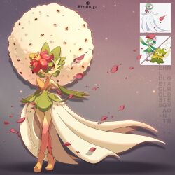 artist_name character_name dress elbow_gloves eldegoss falling_petals flower fusion gardevoir gen_3_pokemon gen_8_pokemon gloves green_gloves hair_flower hair_ornament highres hisuian_lilligant leoiruga mega_gardevoir mega_pokemon nintendo orange_eyes petals pink_flower pink_petals pokemon pokemon_(creature) reference_inset white_dress