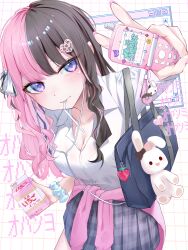 1girl absurdres bag blue_eyes breasts brown_hair cellphone cleavage clothes_around_waist collarbone collared_shirt drinking_straw drinking_straw_in_mouth earphones eishi_kurumi facial_mark flip_phone grey_skirt gyaru hair_ornament hair_ribbon hairpin heart heart_facial_mark heart_hair_ornament heisei heisei_retro highres holding holding_phone iris_black_games jacket jacket_around_waist kogal large_breasts leaning_forward long_hair looking_at_viewer milk_carton miniskirt multicolored_hair nail_polish phone pink_hair plaid_clothes plaid_skirt pleated_skirt ribbon school_uniform scrunchie shirt shirt_tucked_in shoulder_bag skirt solo split-color_hair strawberry_milk stuffed_toy tachibana_hinano two-tone_hair v virtual_youtuber vspo! wavy_hair white_shirt wrist_scrunchie