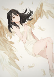 1girl absurdres bare_shoulders black_hair breasts dress expressionless female_focus final_fantasy final_fantasy_viii hand_on_own_chest highres long_hair looking_at_viewer rinoa_heartilly simple_background sleeveless sleeveless_dress solo wings yawai_tofu