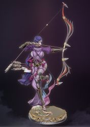 1girl 3d arrow_(projectile) black_gloves bow_(weapon) bracer breasts drawing_bow fate/grand_order fate_(series) female_focus fingerless_gloves full_body gloves highres holding holding_bow_(weapon) holding_weapon katana large_breasts leg_up leslyzerosix long_hair low-tied_long_hair minamoto_no_raikou_(fate) purple_eyes purple_hair quiver sandals solo sword very_long_hair weapon