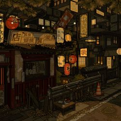 animated animated_gif autumn autumn_leaves guard_rail highres lamp lantern leaf manhole_cover night no_humans original outdoors paper_lantern pixel_art scenery sidewalk sign table traffic_cone translation_request tree waneella