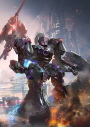 armored_core armored_core_vi:_fires_of_rubicon embers full_body gun highres holding holding_gun holding_weapon mecha mecha_focus miso_katsu missile_pod no_humans one-eyed open_faith_(armored_core_vi) red_eyes robot science_fiction shoulder_cannon smoke standing thrusters weapon