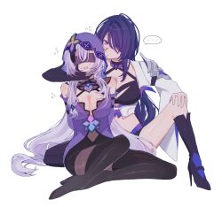 ... 2girls acheron_(honkai:_star_rail) armor arms_behind_back black_shorts black_swan_(honkai:_star_rail) blindfold boots breasts coat commentary_request detached_sleeves hair_between_eyes hair_over_one_eye hand_on_another&#039;s_face high_heel_boots high_heels highres honkai:_star_rail honkai_(series) knee_boots long_hair multiple_girls pantyhose pink_hair purple_eyes purple_hair purple_veil shorts shoulder_armor sitting str_kope sweatdrop thigh_boots veil white_background white_coat yuri