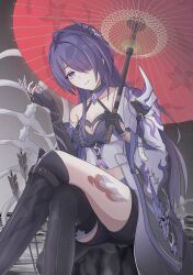 Rule 34 | 1girl, absurdres, acheron (honkai: star rail), armor, black choker, black gloves, breasts, choker, feet out of frame, gloves, grin, hair ornament, halterneck, hanabi (hanabi 0333), highres, holding, holding umbrella, honkai: star rail, honkai (series), leg tattoo, long hair, looking at viewer, midriff, oil-paper umbrella, parted lips, purple eyes, purple hair, red umbrella, shoulder armor, single bare shoulder, sitting, small breasts, smile, solo, tattoo, thighs, umbrella, very long hair