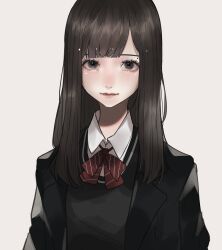 1girl black_hair black_jacket black_sweater_vest blazer bow bowtie closed_mouth collared_shirt eyelashes grey_background grey_eyes highres jacket lipstick long_hair looking_at_viewer makeup mano_aaa mole mole_above_eye original red_bow red_bowtie red_lips school_uniform shirt simple_background solo sweater_vest upper_body white_shirt