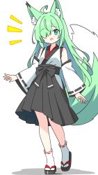 1girl :o absurdres ahoge animal_ear_fluff animal_ears bare_shoulders black_hakama black_sandals blush commentary_request detached_sleeves dot_nose fox_ears fox_girl fox_tail full_body green-haired_fox_girl_(kotatsu-mazoku) green_eyes green_hair hair_over_one_eye hakama hakama_skirt highres japanese_clothes kimono kotatsu-mazoku long_hair looking_at_viewer nontraditional_miko okobo open_mouth original platform_sandals ribbon-trimmed_sleeves ribbon-trimmed_socks ribbon_trim sandals simple_background skirt sleeveless sleeveless_kimono socks solo standing tabi tail white_background white_kimono white_sleeves white_socks