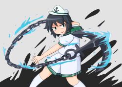 1girl anchor anchor_symbol black_hair chain feet_out_of_frame flail green_eyes hat kneehighs manorea murasa_minamitsu sailor_hat shirt short_hair short_sleeves shorts simple_background socks solo splashing touhou water weapon white_hat white_shirt white_shorts white_socks