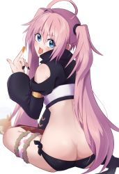 1girl ahoge ass black_nails blue_eyes blush butt_crack hair_between_eyes highres honey long_hair looking_back midriff milim_nava nail_polish open_mouth pink_hair sitting solo tensei_shitara_slime_datta_ken tongue tongue_out twintails