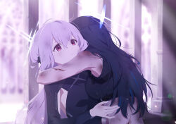 2girls atsuko_(blue_archive) bare_arms bare_shoulders black_hair black_leotard black_sports_bra blue_archive blue_hair blue_halo bruise bruise_on_arm bruise_on_back game_cg halo highres hug injury leotard multicolored_hair multiple_girls non-web_source official_art parted_lips purple_hair red_eyes saori_(blue_archive) scar source_request spoilers sports_bra two-tone_hair upper_body