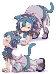 1boy :&lt; all_fours animal_ear_fluff animal_ears apron arm_support blue_hair blue_tail blush boots brown_shoes capelet cat_boy cat_ears cat_tail child closed_eyes closed_mouth crossdressing dress frilled_apron frilled_hairband frills from_side full_body hairband highres made_in_abyss maid maid_apron maid_headdress male_focus maruruk multiple_views pouch profile puffy_short_sleeves puffy_sleeves shadow shoes short_hair short_sleeves simple_background smile stretching tail trap whistle whistle_around_neck white_apron white_background ximu_shilang
