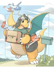 animal_focus black_hat blue_sky claws cloud colored_skin commentary commentary_request dragon dragon_wings dragonite english_commentary envelope gen_1_pokemon gen_3_pokemon gen_4_pokemon goggles goggles_on_head hat highres holding holding_envelope knhb_tail latias latios legendary_pokemon letterboxed mailbox_(incoming_mail) mixed-language_commentary nintendo no_humans orange_skin outside_border peaked_cap pokemon pokemon_(creature) road rotom rotom_phone sky tatsugiri tatsugiri_(curly) wings